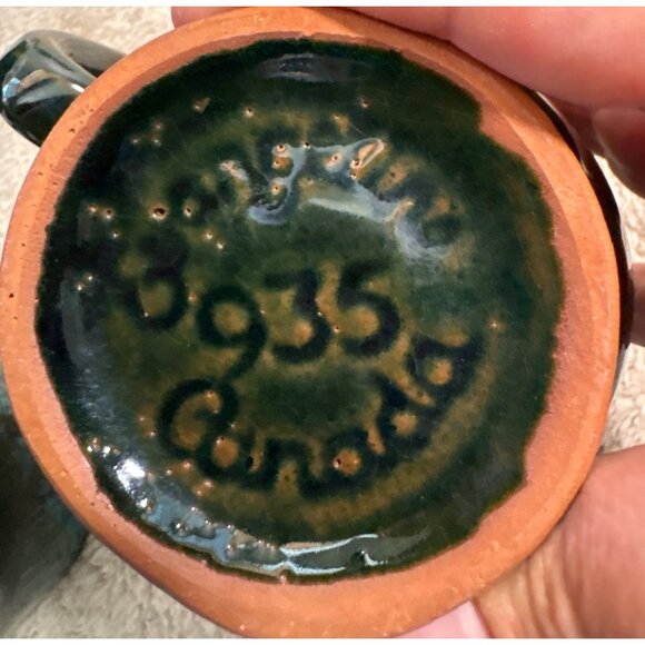 Evangeline Pottery Coffee Mugs Set Of 4 Green Black Drip Glaze Canada MCM Vtg - Picture 5 of 7